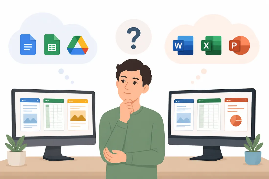 Ilustração: Google Workspace vs Pacote Office: qual escolher em 2026?