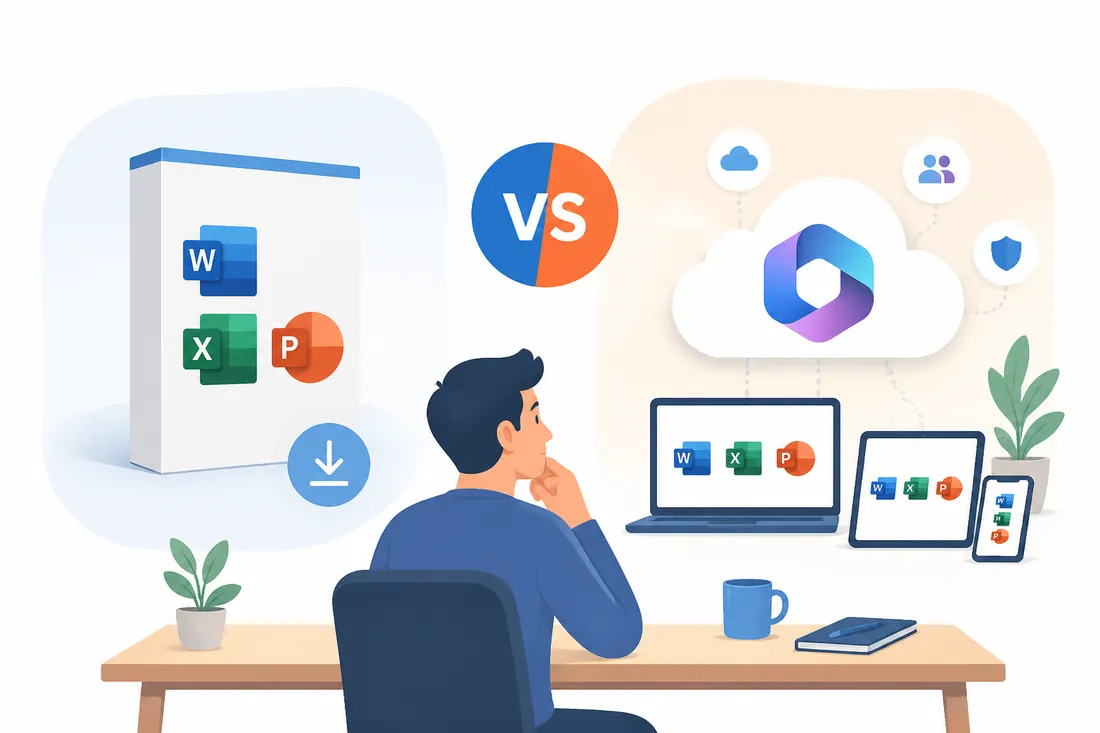 Ilustração: Pacote Office vs Microsoft 365: qual compensa em 2026?